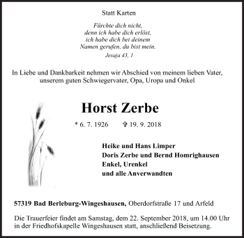 Traueranzeige von Horst Zerbe von Siegener Zeitung