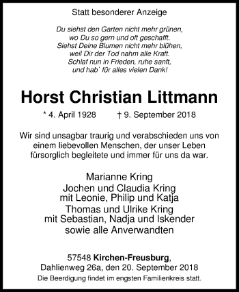 Traueranzeige von Horst Christian Littmann von Siegener Zeitung