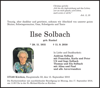 Traueranzeige von Ilse Solbach von Siegener Zeitung