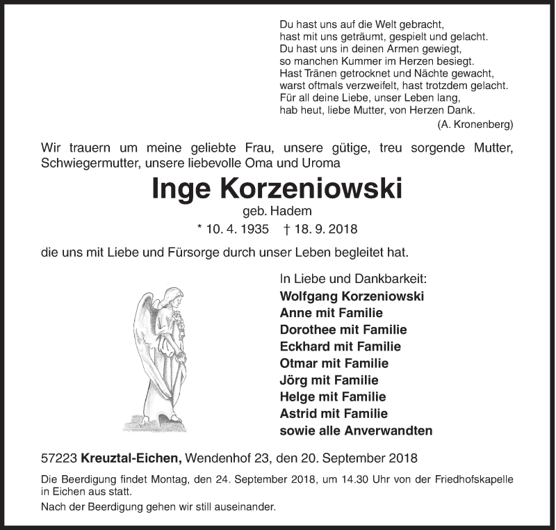  Traueranzeige für Inge Korzeniowski vom 20.09.2018 aus Siegener Zeitung