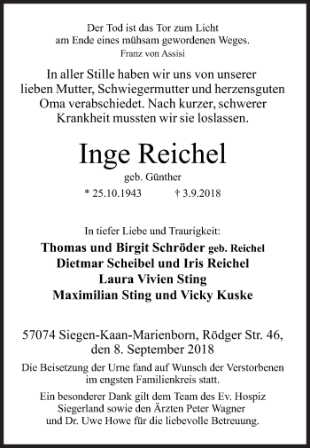 Traueranzeige von Inge Reichel von Siegener Zeitung