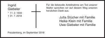 Traueranzeige von Ingrid Giebeler von Siegener Zeitung