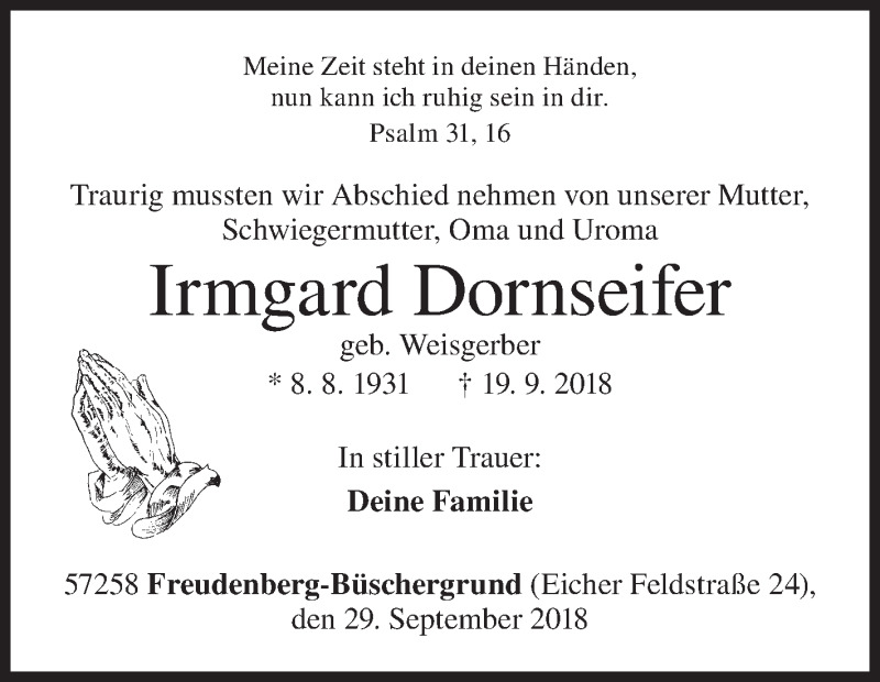  Traueranzeige für Irmgard Dornseifer vom 29.09.2018 aus Siegener Zeitung