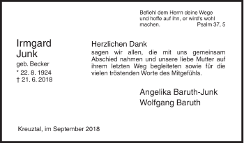 Traueranzeige von Irmgard Junk von Siegener Zeitung