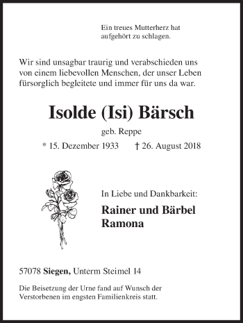 Traueranzeige von Isolde Bärsch von Siegener Zeitung