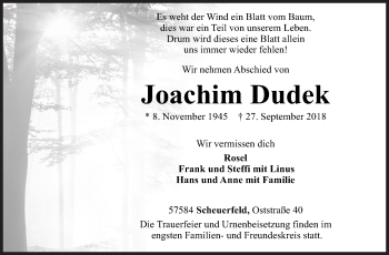 Traueranzeige von Joachim Dudek von Siegener Zeitung