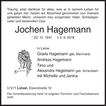Traueranzeige von Jochen Hagemann von Siegener Zeitung