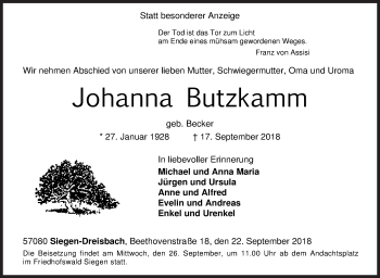 Traueranzeige von Johanna Butzkamm von Siegener Zeitung