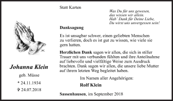 Traueranzeige von Johanna Klein von Siegener Zeitung