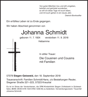 Traueranzeige von Johanna Schmidt von Siegener Zeitung