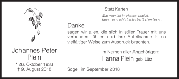 Traueranzeige von Johannes Peter Plein von Siegener Zeitung