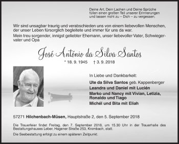 Traueranzeige von José António  da Silva Santos von Siegener Zeitung