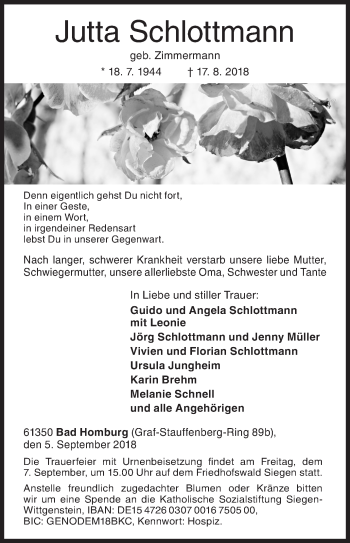 Traueranzeige von Jutta Schlottmann von Siegener Zeitung