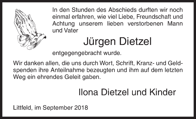  Traueranzeige für Jürgen Dietzel vom 01.09.2018 aus Siegener Zeitung
