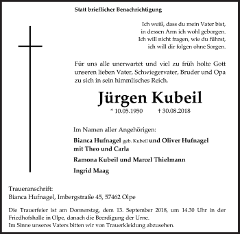 Traueranzeige von Jürgen Kubeil von Siegener Zeitung