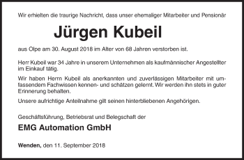 Traueranzeige von Jürgen Kubeil von Siegener Zeitung
