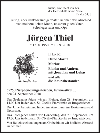 Traueranzeige von Jürgen Thiel von Siegener Zeitung