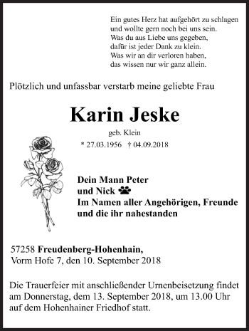Traueranzeige von Karin Jeske von Siegener Zeitung