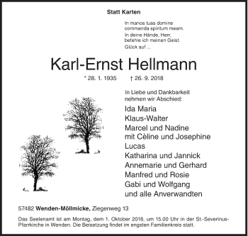 Traueranzeige von Karl-Ernst Hellmann von Siegener Zeitung