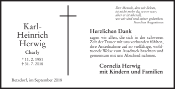 Traueranzeige von Karl-Heinrich Herwig von Siegener Zeitung