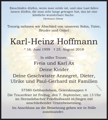Traueranzeige von Karl-Heinz Hoffmann von Siegener Zeitung