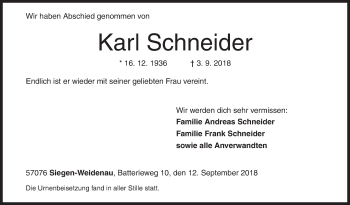Traueranzeige von Karl Schneider von Siegener Zeitung
