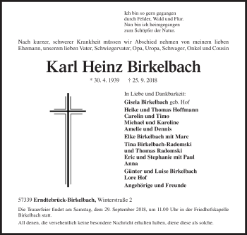 Traueranzeige von Karl Heinz Birkelbach von Siegener Zeitung