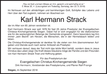 Traueranzeige von Karl Hermann Strack von Siegener Zeitung