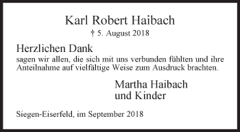 Traueranzeige von Karl Robert Haibach von Siegener Zeitung