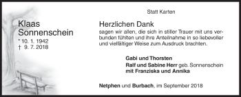 Traueranzeige von Klaas Sonnenschein von Siegener Zeitung