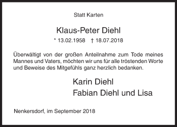 Traueranzeige von Klaus-Peter Diehl von Siegener Zeitung