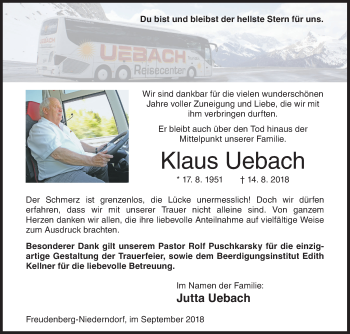 Traueranzeige von Klaus Uebach von Siegener Zeitung