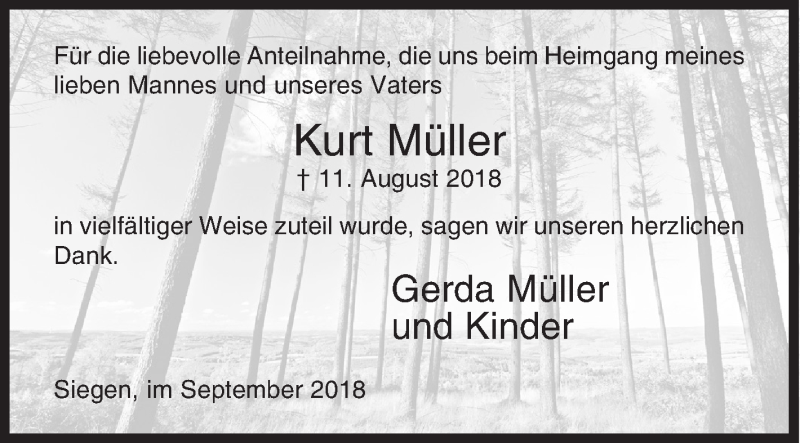  Traueranzeige für Kurt Müller vom 24.09.2018 aus Siegener Zeitung