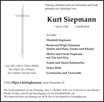 Traueranzeige von Kurt Siepmann von Siegener Zeitung