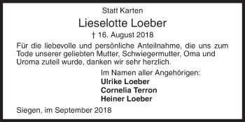 Traueranzeige von Lieselotte Loeber von Siegener Zeitung