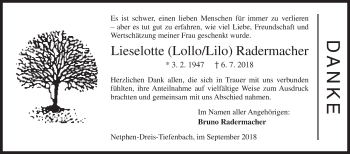 Traueranzeige von Lieselotte  Radermacher von Siegener Zeitung
