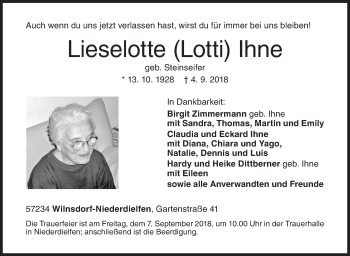 Traueranzeige von Lieselotte Lotti Ihne von Siegener Zeitung