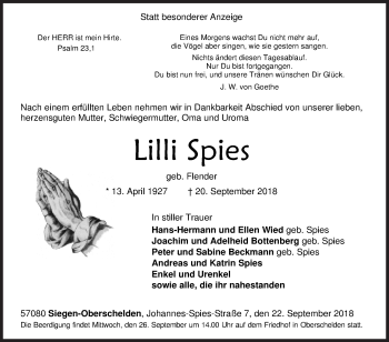 Traueranzeige von Lilli Spies von Siegener Zeitung