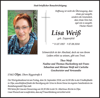 Traueranzeige von Lisa Weiß von Siegener Zeitung