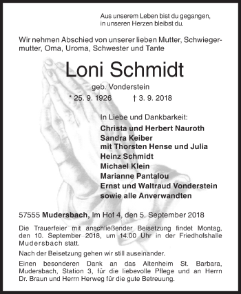 Traueranzeige von Loni Schmidt von Siegener Zeitung