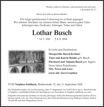 Traueranzeige von Lothar Busch von Siegener Zeitung