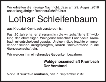 Traueranzeige von Lothar Schleifenbaum von Siegener Zeitung