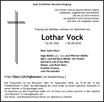 Traueranzeige von Lothar Vock von Siegener Zeitung