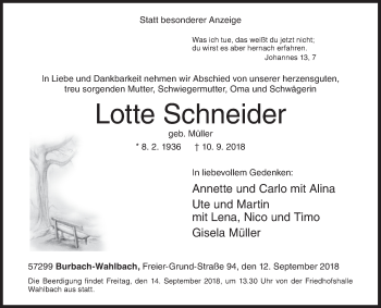 Traueranzeige von Lotte Schneider von Siegener Zeitung