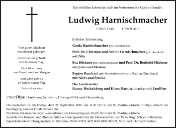 Traueranzeige von Ludwig Harnischmacher von Siegener Zeitung