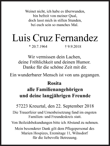 Traueranzeige von Luis Cruz Fernandez von Siegener Zeitung