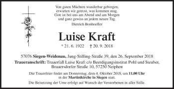Traueranzeige von Luise Kraft von Siegener Zeitung