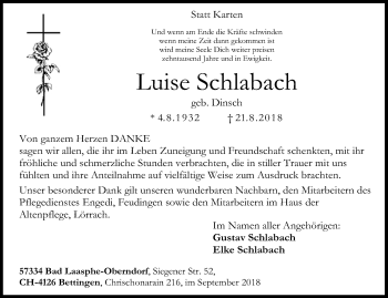 Traueranzeige von Luise Schlabach von Siegener Zeitung
