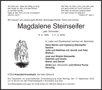 Traueranzeige von Magdalene Steinseifer von Siegener Zeitung