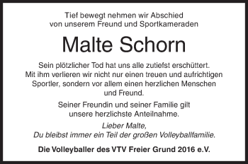 Traueranzeige von Malte Schorn von Siegener Zeitung
